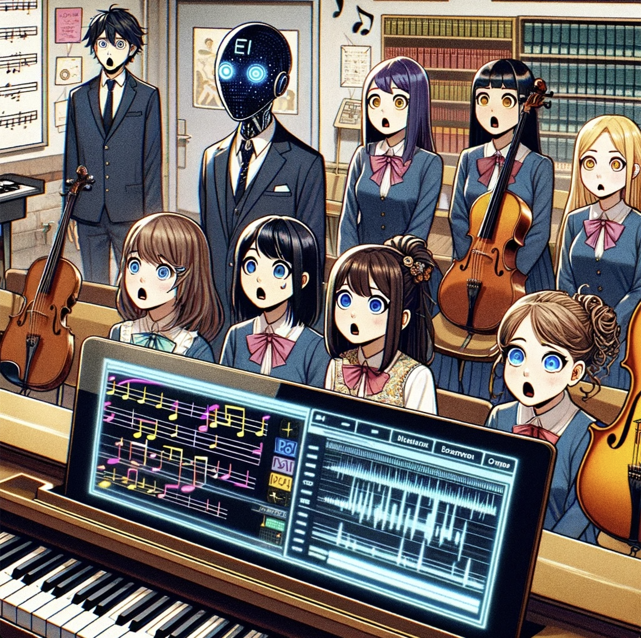 An anime-style illustration showing eight people standing in a classroom, with expressions of fear and surprise. There is also a droid amongst the group of people wearing a three-piece suit. They are surrounded by musical instruments including violins and keyboards.